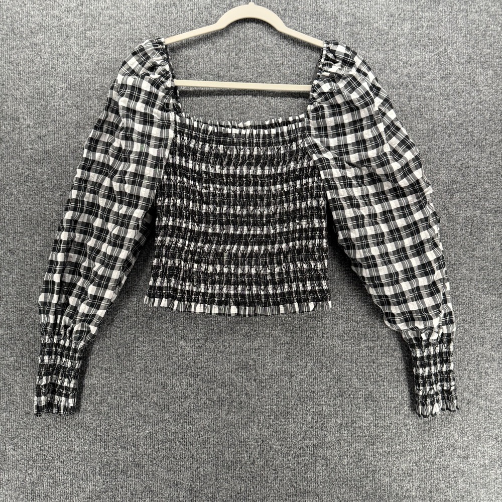 HM Blouse Top Womens M Black White Checked Cropped Milkmaid Cottagecore Romantic